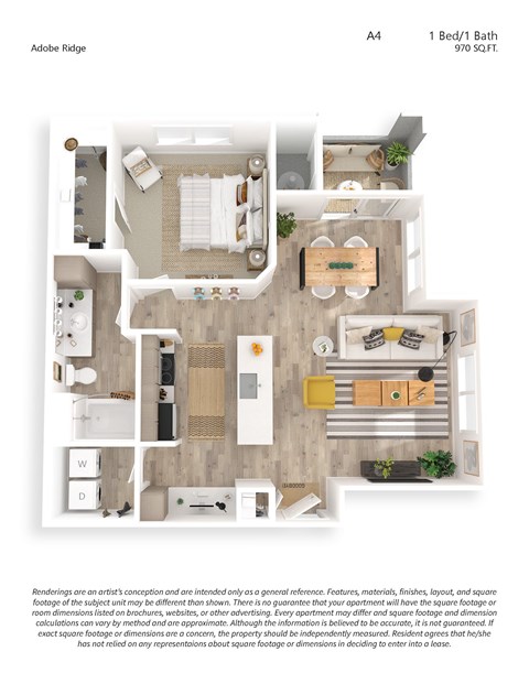 Floor plan for 1 bed, 1 bath, 970 sqft